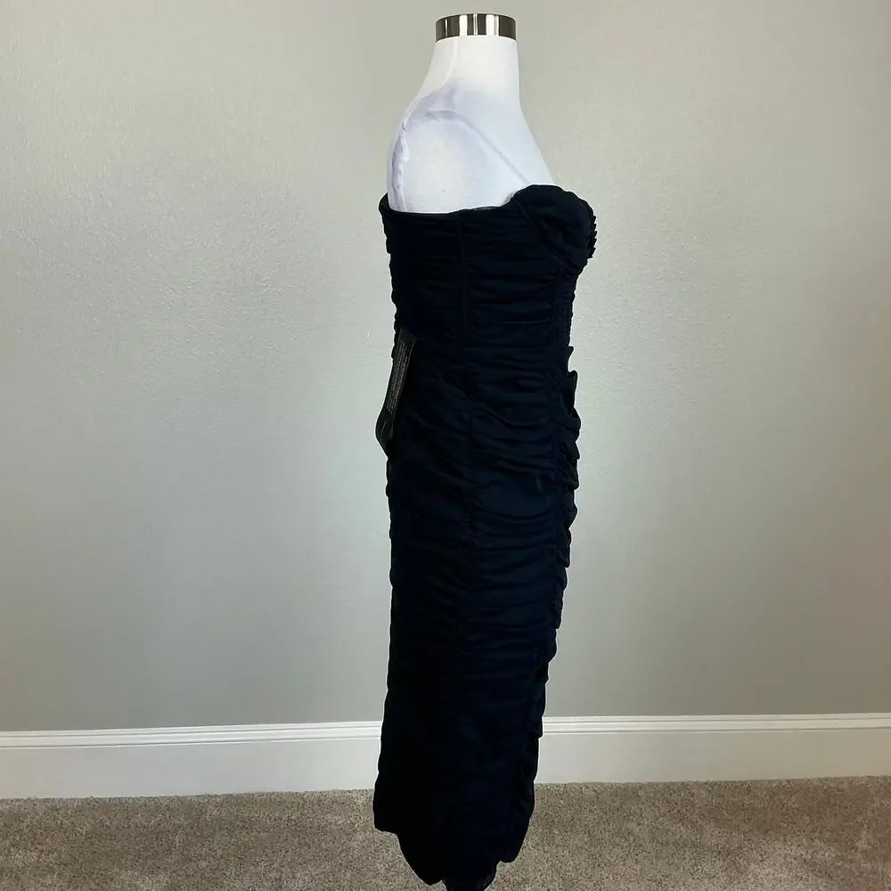 BCBGMAXAZRIA Women's Cocktail Dress Size 8 Blue Strapless Ruched Midi Sheath - Picture 6 of 13
